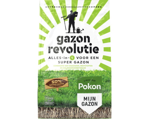 Verpakking Pokon Gazon Revolutie alles-in-1 gazonverzorging met graszaad, meststof en bodemverbeteraar voor 150 vierkante meter, 7,5 kilogram.