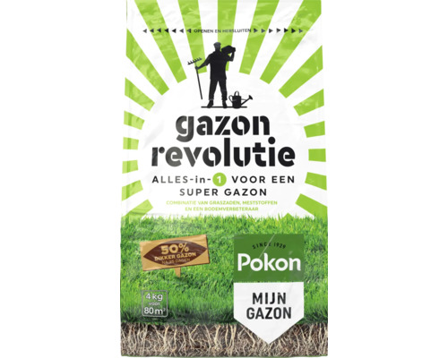 Pokon Logo, Gazon Revolutie 4 Kilogram voor 80 vierkante meter, alles-in-1 combinatie van graszaad, meststof en bodemverbeteraar voor dicht gazon.
