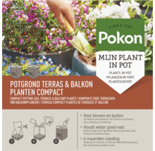 Pokon compacte potgrond voor terras- en balkonplanten, houdt water goed vast, zes maanden voeding, voor binnen en buiten.