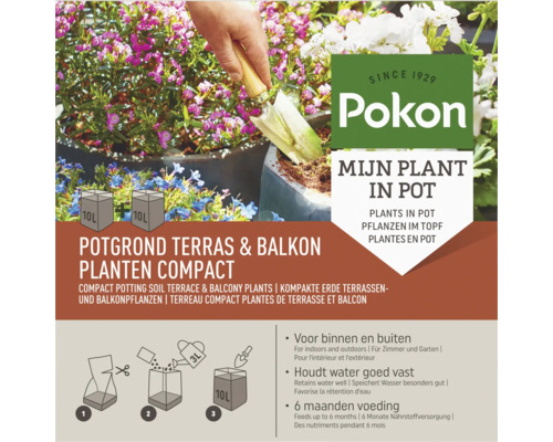 Pokon compacte potgrond voor terras- en balkonplanten, houdt water goed vast, zes maanden voeding, voor binnen en buiten.