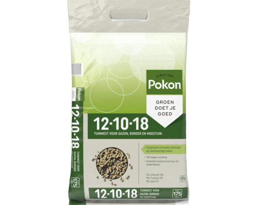 Pokon 12-10-18 tuinmest voor gazon, border en moestuin, organisch-minerale korrels, goed voor maximaal 175 vierkante meter.
