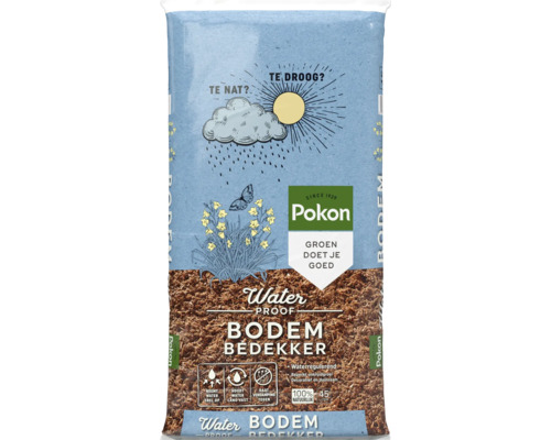 Pokon Logo op een 45 liter zak Waterproof Bodembedekker, waterregulerend tegen uitdroging en wateroverlast.