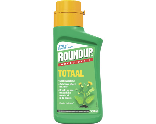 Roundup Onkruidvrij Totaal concentraat, 500 milliliter voor 220 vierkante meter, glyfosaatvrij, groene fles.