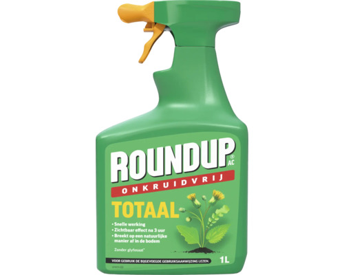 Roundup AC Onkruidvrij Totaal in de groene 1 liter spuitfles voor onkruidbestrijding zonder glyfosaat.