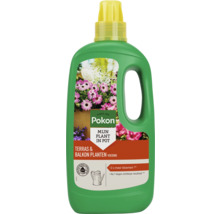 Pokon vloeibare plantenvoeding voor terras en balkonplanten in een groene fles met handgreep en gele doseerdop.