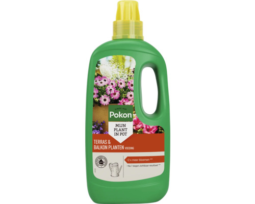 Pokon vloeibare plantenvoeding voor terras en balkonplanten in een groene fles met handgreep en gele doseerdop.