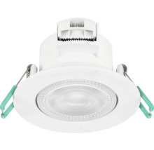 LED-inbouwspot van kunststof met gestructureerde lens en montageklemmen aan de zijkant.