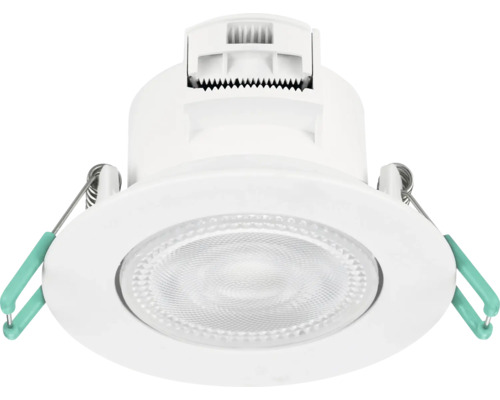 LED-inbouwspot van kunststof met gestructureerde lens en montageklemmen aan de zijkant.