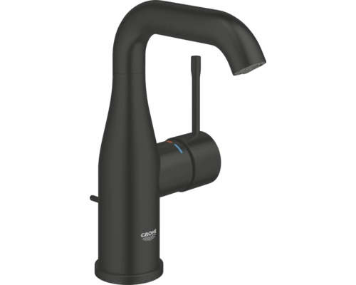 Grohe eenhendel wastafelmengkraan in mat zwart met hoge uitloop en zijbediening.