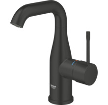 Grohe wastafelkraan in mat zwart, eenhendelmengkraan met gebogen uitloop en zijdelingse hendel voor de badkamer.