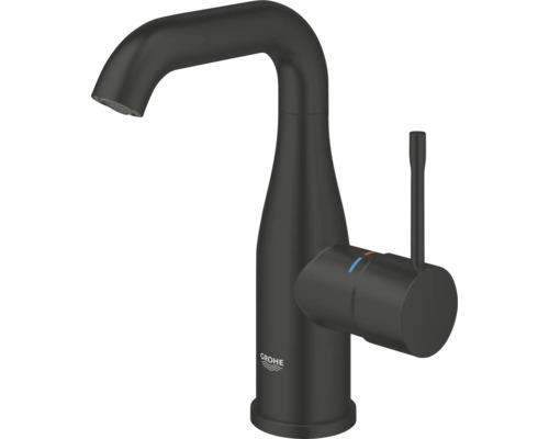 Grohe wastafelkraan in mat zwart, eenhendelmengkraan met gebogen uitloop en zijdelingse hendel voor de badkamer.