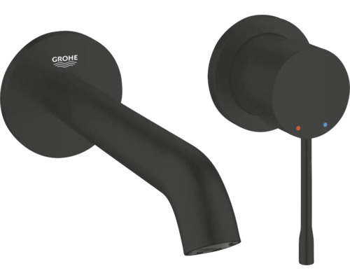 Grohe Logo. Zwarte tweegats wandwastafelmengkraan met uitloop en eenhendelmengkraan in matte uitvoering.