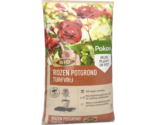 Pokon Bio Rozen Potgrond Turf-vrij 30 liter met rode rozen en 100 dagen voeding.