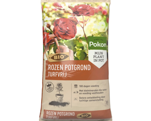 Pokon Bio Rozen Potgrond Turfvrij 30 liter, met 100 dagen voeding en kleimineralen voor rozen in pot.