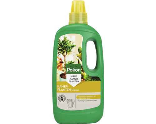 Pokon vloeibare kamerplantenvoeding in een groene fles met gele doseerdop en handvat.