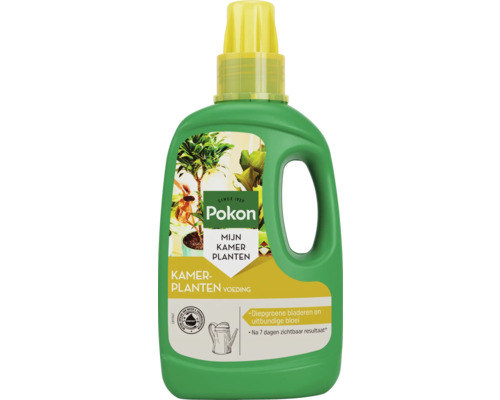 Pokon vloeibare kamerplantenvoeding in groene fles met gele doseerdop.