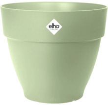Ronde groene kunststof bloempot met Elho Logo.