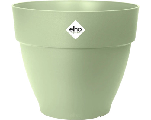 Ronde groene kunststof bloempot met Elho Logo.