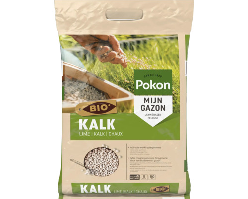 Zak Pokon Bio Kalk voor het gazon tegen mos met extra magnesium, 5 kilogram voor 50 vierkante meter.