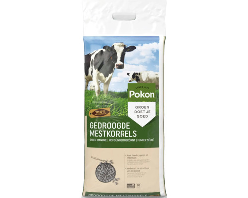 Pokon Gedroogde mestkorrels, 10 kilogram, honderd procent natuurlijke meststof voor borders, gazon en moestuin, Pokon Logo.