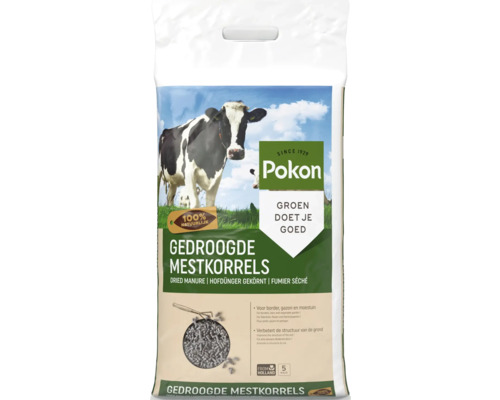 Pokon Gedroogde Mestkorrels, 5 kilogram, honderd procent natuurlijk, voor border, gazon en moestuin, verbetert de bodemstructuur.
