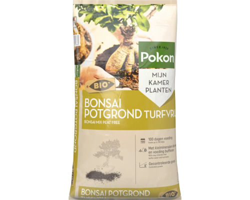 Pokon Bio Bonsai Potgrond turfvrij, zak met voeding voor 100 dagen en kleimineralen voor gecontroleerde groei.
