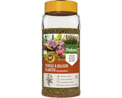 Pokon Terras en Balkon Planten Voedingskorrels, 800 gram langwerkende meststof, 180 dagen voeding, eenmaal per jaar toepassen, Pokon Logo.