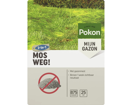 Pokon Mos Weg! 2-in-1 met gazonmest, 875 gram voor 25 vierkante meter, zichtbaar resultaat binnen een week, Pokon Logo.