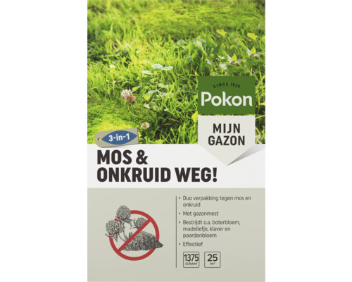 Pokon Logo, Pokon Mijn Gazon Mos en Onkruid weg 3-in-1 gazonmest voor bestrijding van mos en onkruid, 1375 gram voor 25 vierkante meter.