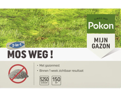 Pokon Mos Weg 2 in 1 gazonmest en mosbestrijding, 5250 gram voor 150 vierkante meter. Pokon Logo. Zichtbaar resultaat binnen een week.