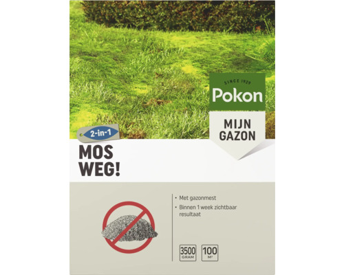 Pokon Logo, Mos Weg 2-in-1 gazonmest en mosbestrijding, 3500 gram voor 100 vierkante meter, resultaat binnen 1 week.