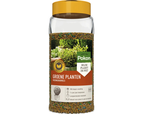 Pokon Groene Planten Voedingskorrels, 800 gram, langwerkende meststof voor planten in pot en border, biedt 180 dagen voeding. Pokon Logo.