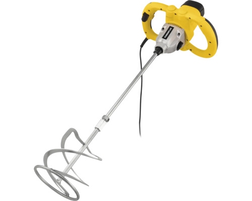 Gele Powerplus verf- en mortelmixer met dubbele handgreep, metalen mengstaaf en menggarde.