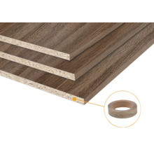 Gelamineerde spaanplaten met houtdecor en een rol bijpassende kantenband voor de randafwerking.