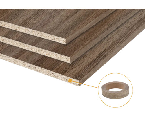 Gelamineerde spaanplaten met houtdecor en een rol bijpassende kantenband voor de randafwerking.