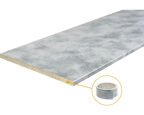 Werkblad met grijze steenoptiek van spaanplaat inclusief bijpassende kantenband.