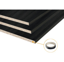 Meubelpanelen met donkere houtnerf en bijpassende kantenbandrol.