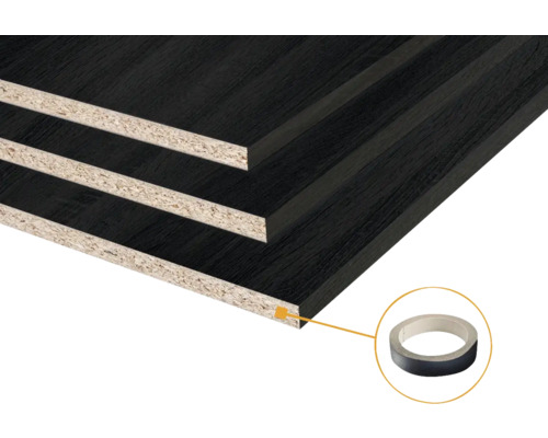 Meubelpanelen met donkere houtnerf en bijpassende kantenbandrol.