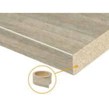 Keukenwerkblad met spaanplaatkern en houtdecor inclusief bijpassende kantband.