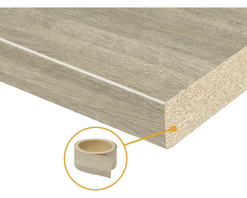 Keukenwerkblad met spaanplaatkern en houtdecor inclusief bijpassende kantband.