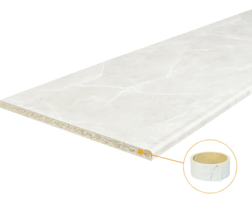 Keukenwerkblad met marmerdecor, afgeronde rand en bijbehorende kantenband.