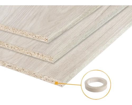Gemelamineerde spaanplaat met houtnerf en bijpassende kantband.