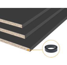 Donkergrijs gecoate spaanplaatpanelen met bijpassende kantenband voor meubelbouw.