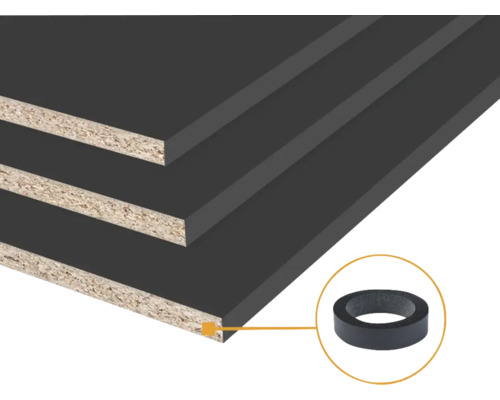 Donkergrijs gecoate spaanplaatpanelen met bijpassende kantenband voor meubelbouw.