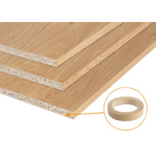 Drie meubelpanelen van spaanplaat met eiken decor en een rol bijpassende kantband voor de randen.