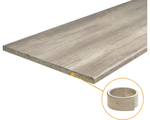 Werkblad met houtdecor, afgeronde rand en rol met bijpassende kantenband.