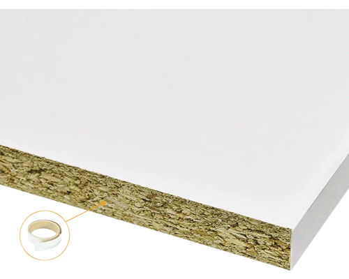 Spaanplaat met witte melamine toplaag inclusief bijpassende kantband.