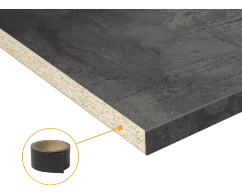 Keukenwerkblad in steenlook met spaanplaatkern en bijpassende kantenband voor randafwerking.