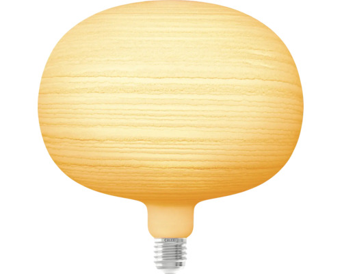 Calex led-lamp met E27-fitting, grote ovale vorm en gestructureerd oppervlak met horizontale lijnen.