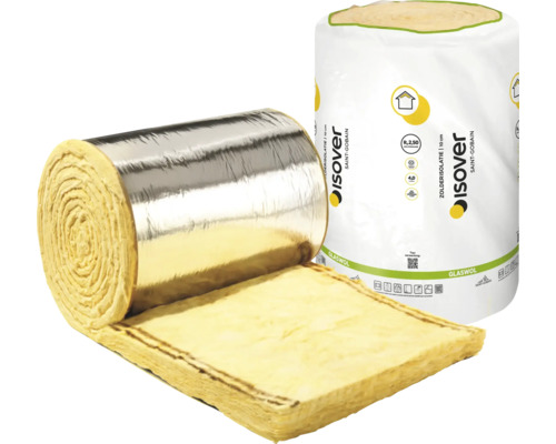Isover glaswol isolatierol met aluminium bekleding en een verpakte rol zolderisolatie.